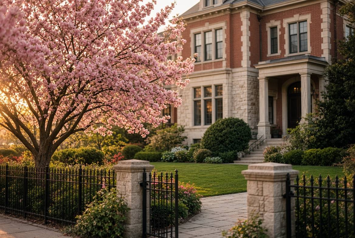 Mature pink-blossomed tree in front of a brick and stone home